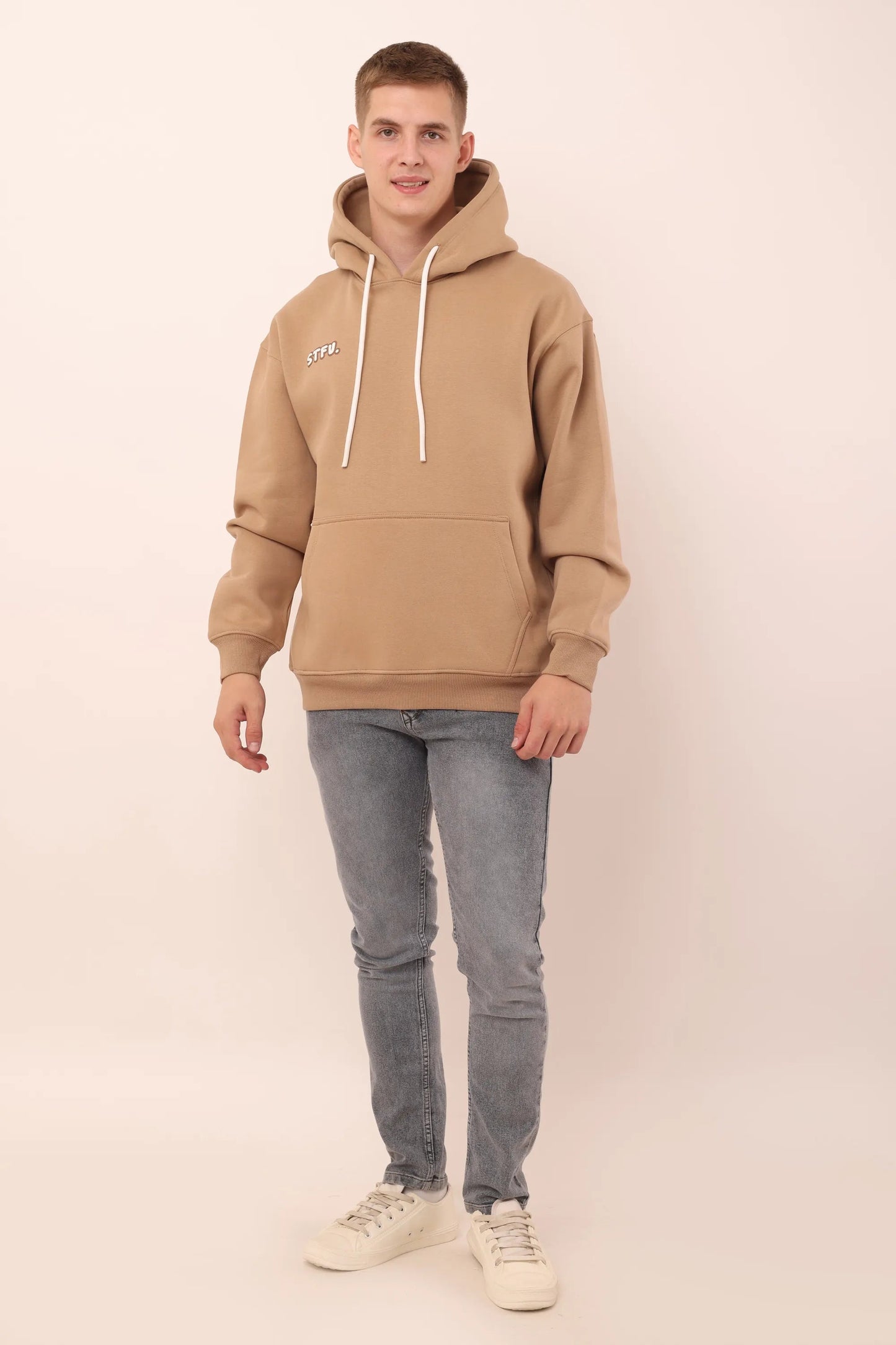 Beige Graphic Drop Shoulder Oversized 3D Puff Print Hoodie for Men