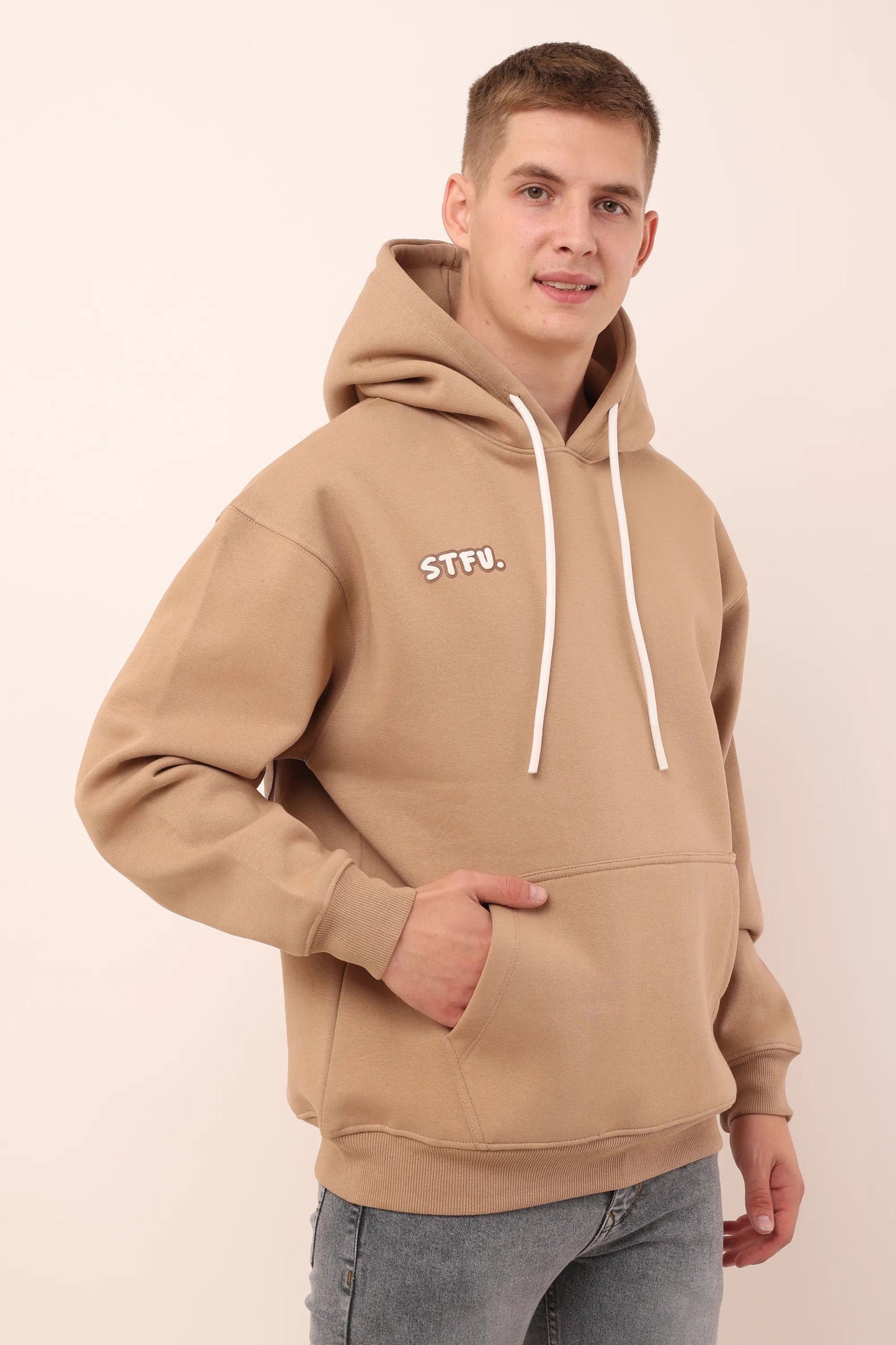 Beige Graphic Drop Shoulder Oversized 3D Puff Print Hoodie for Men