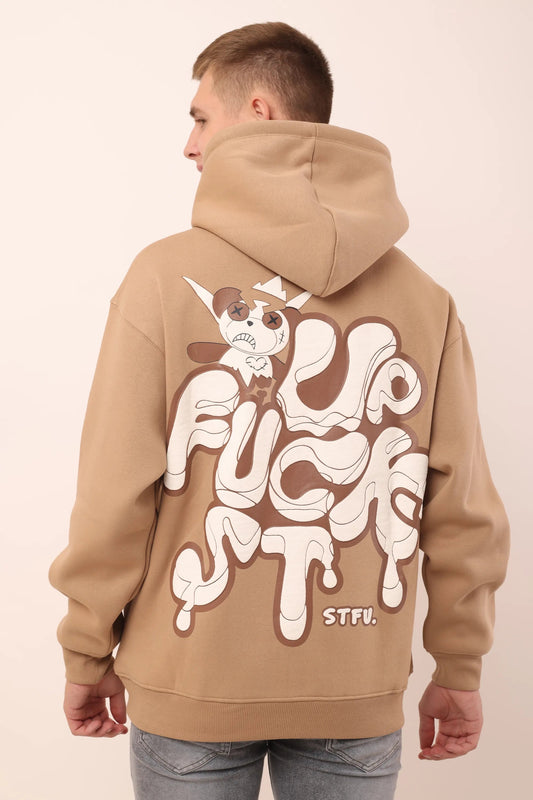 Beige Graphic Drop Shoulder Oversized 3D Puff Print Hoodie for Men